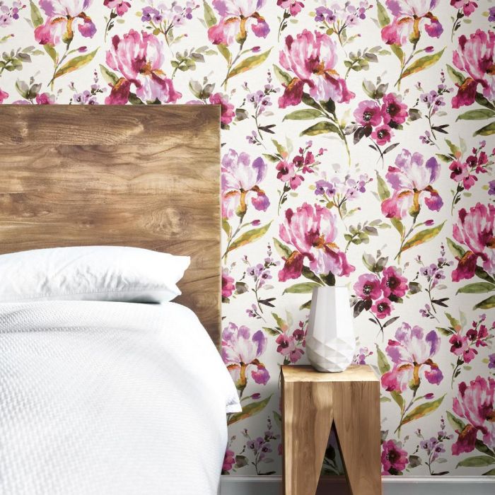 iris pink wallpaper in bedroom