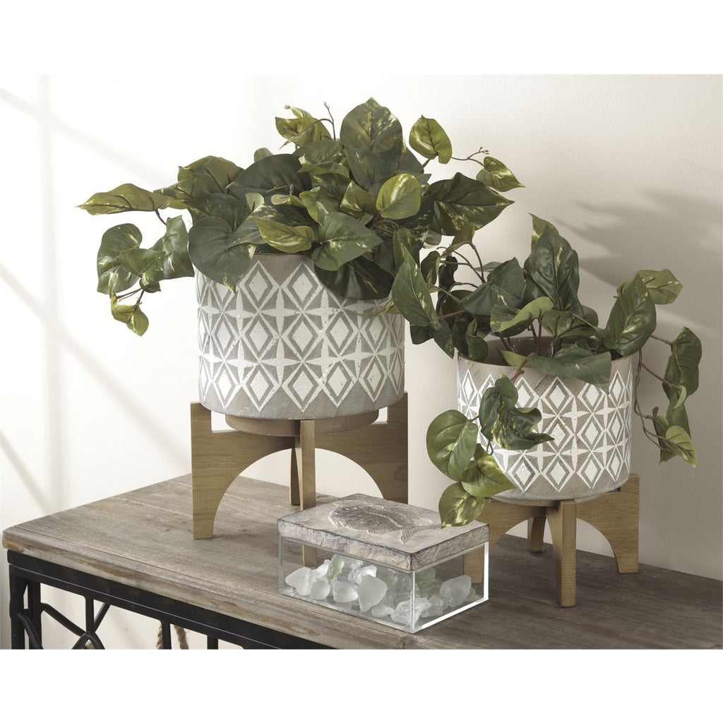 LARGE GRAY AND WHITE PLANTER ON WOOD STAND