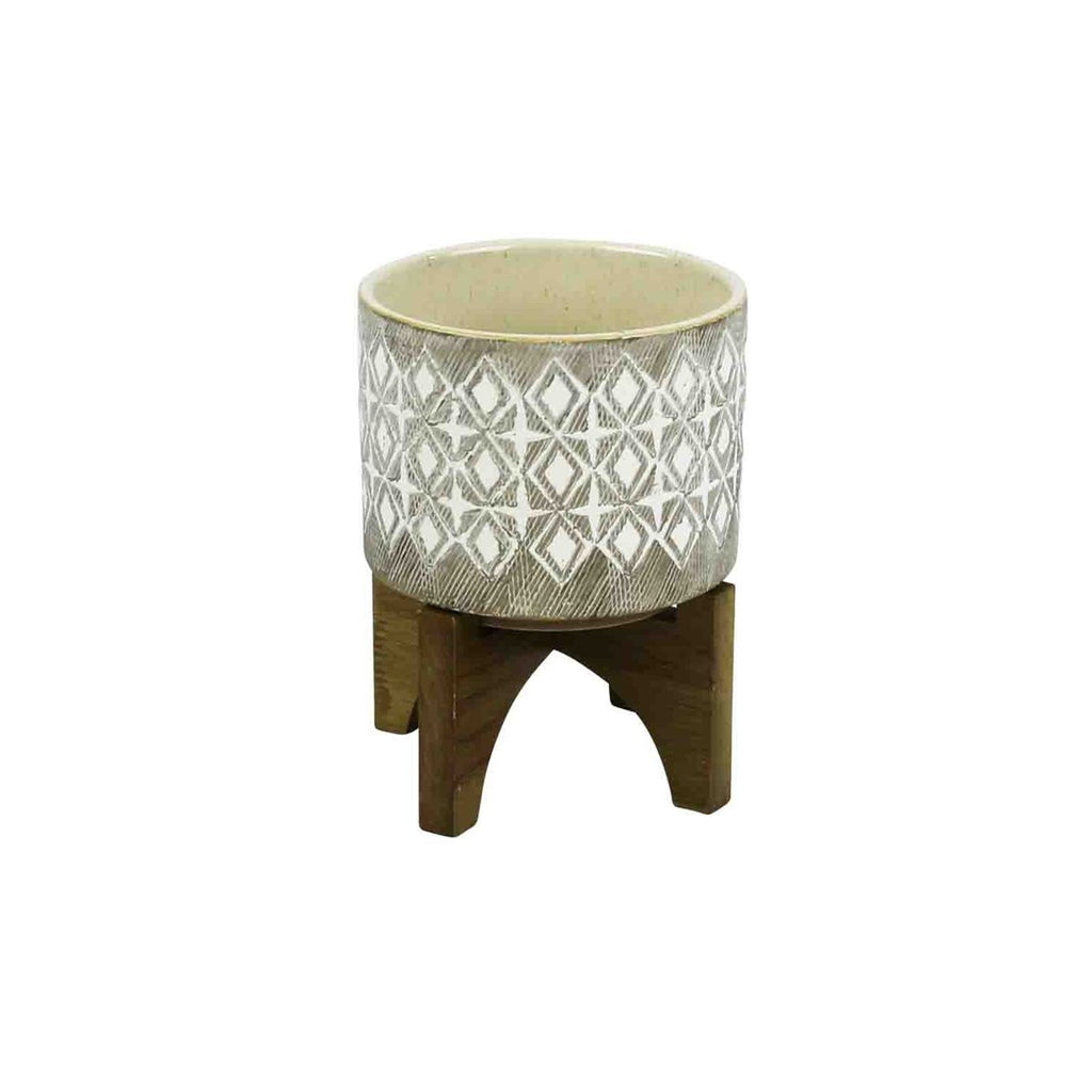 SMALL GRAY AND WHITE PLANTER ON WOOD STAND