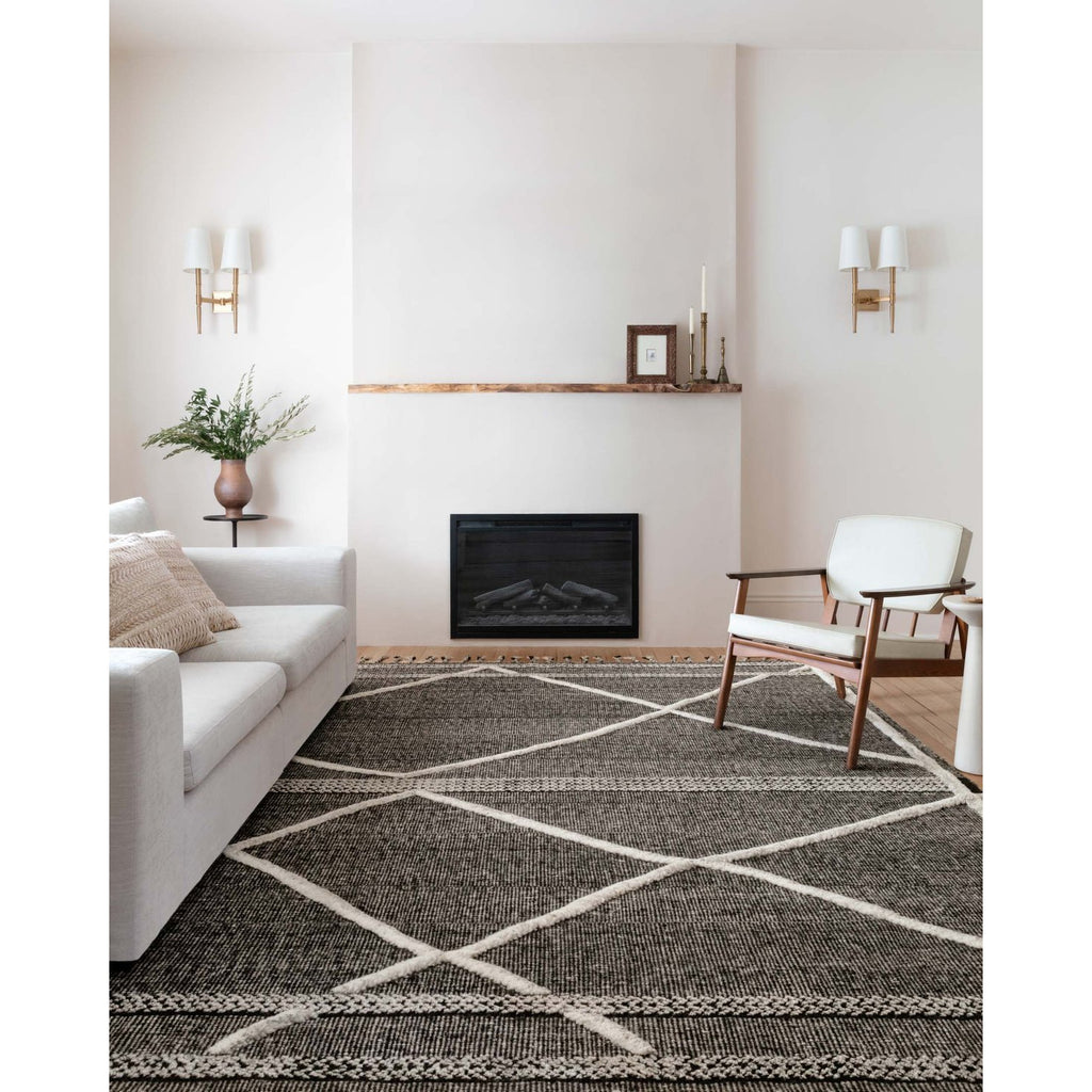 BEIGE AND CHARCOAL IMAN RUG IN LIVING ROOM