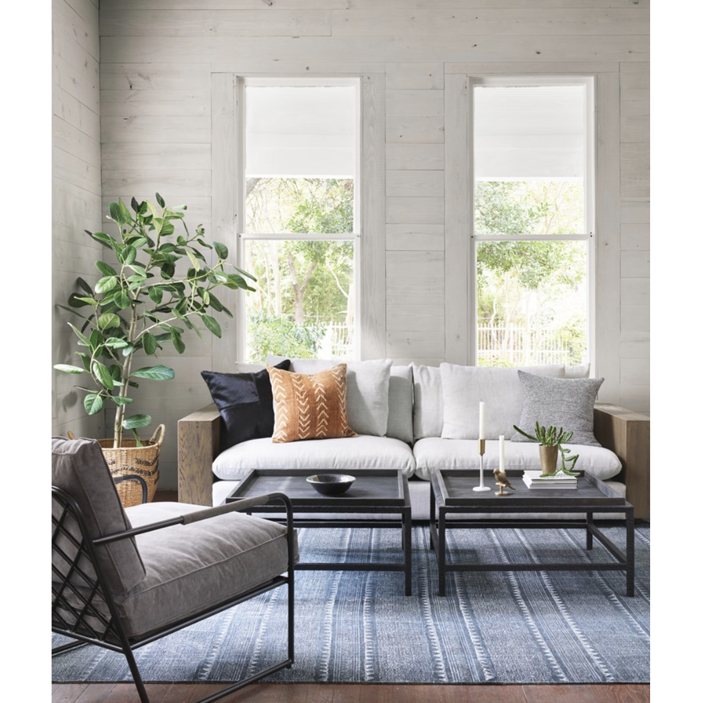 second living room featuring indigo block print rug