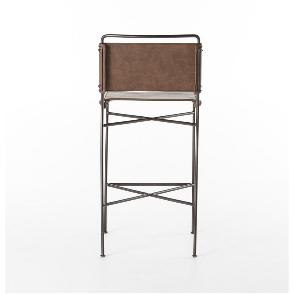 distressed brown faux leather counter stool back view