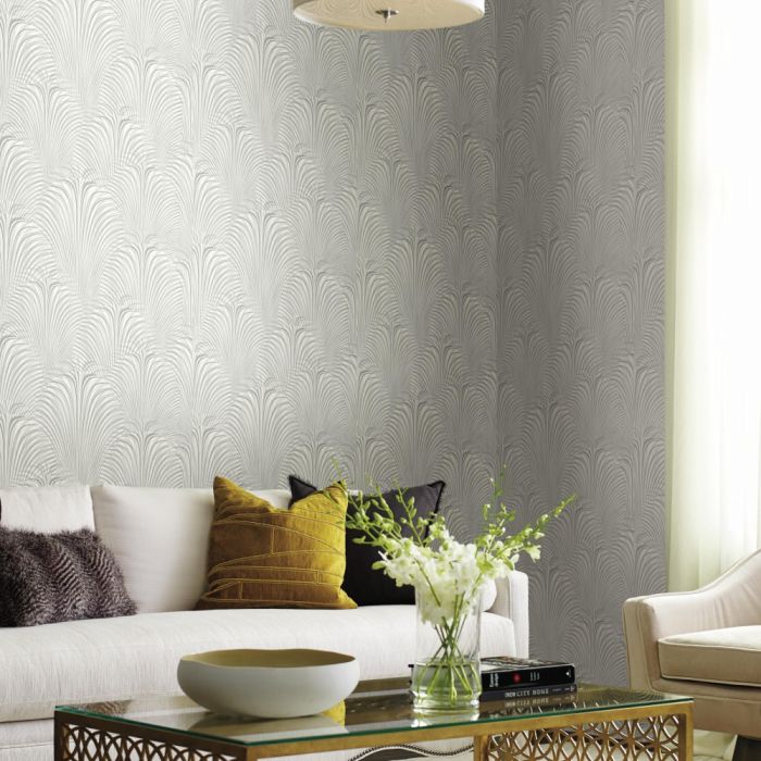 deco fountain wallpaper white/silver in living room