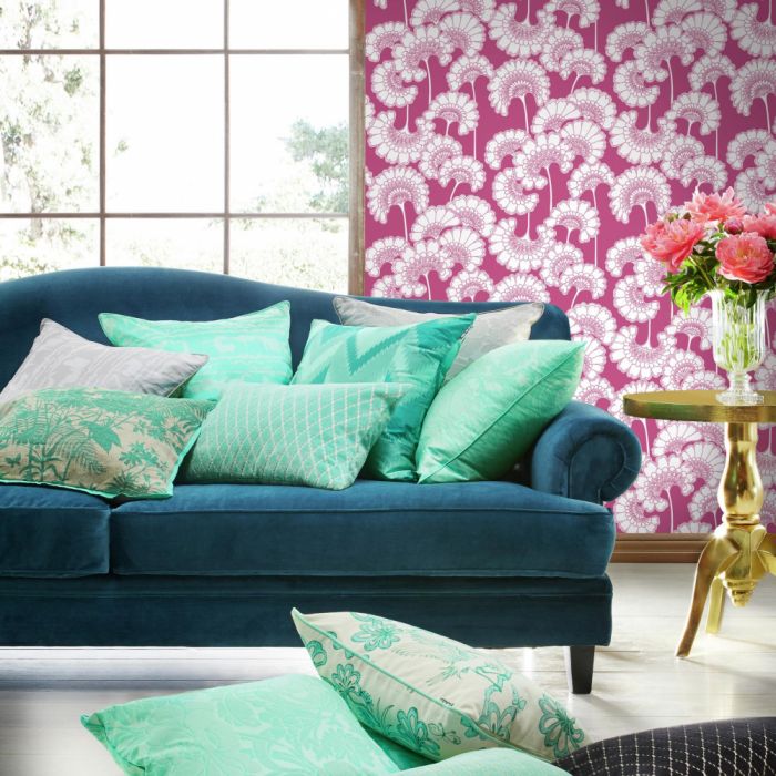 japanese floral wallpaper in raspberry in living room
